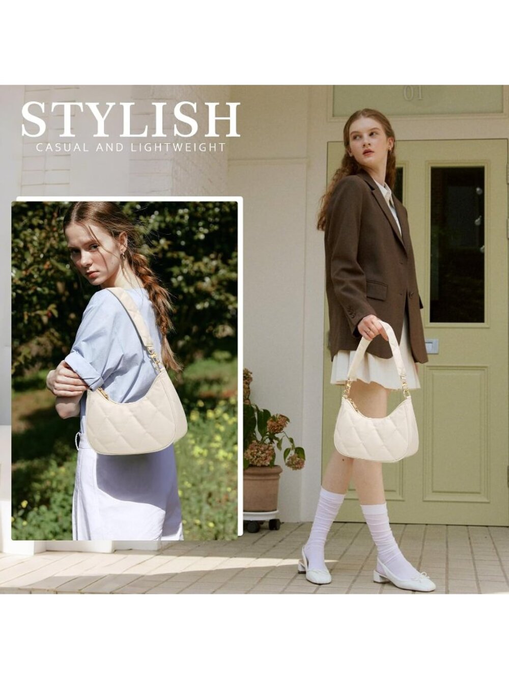 Women's Bags Beige Cute Hobo Shoulder Handbags Retro Clutch Stylish Purse - Picture 2 of 6